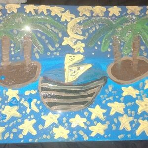 Hand-Painted Tropical Boat Canvas - Blue and Gold